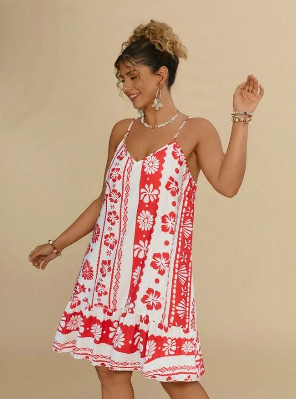 Travachic Plus Size Red Tropical Floral Print Sleeveless Mini Dress