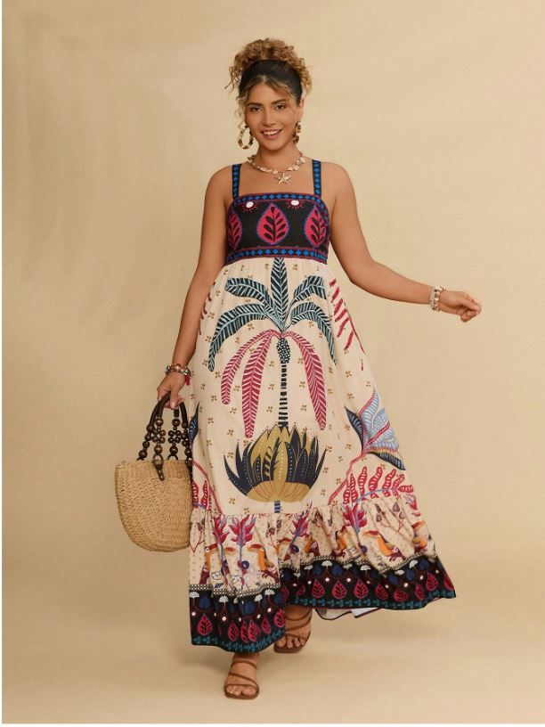 Travachic Plus Size Tropical Plant Print Maxi Cami Dress