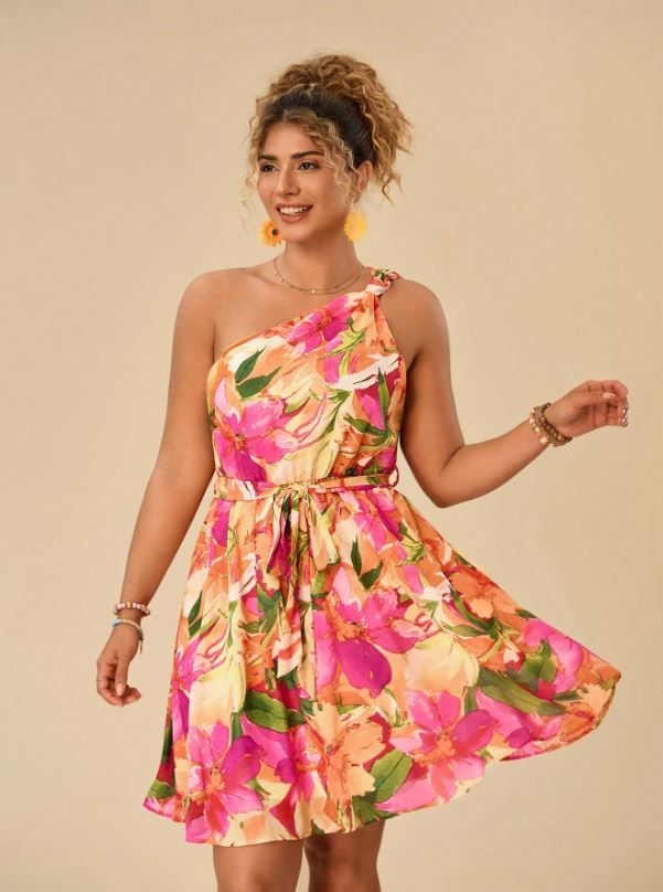 Travachic Plus Floral Print One Shoulder Belted Dress