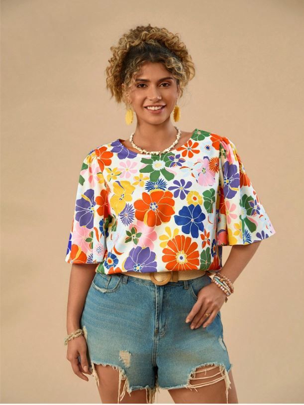 Travachic Plus Size Hawaiian Colorful Floral Print Loose Blouse
