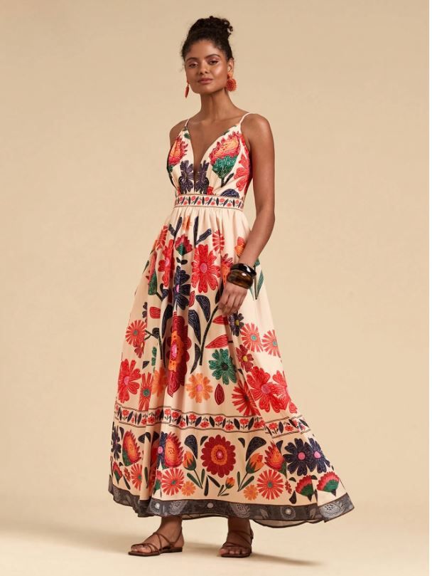 Travachic Floral Print Plunging Neck Spaghetti Strap Dress