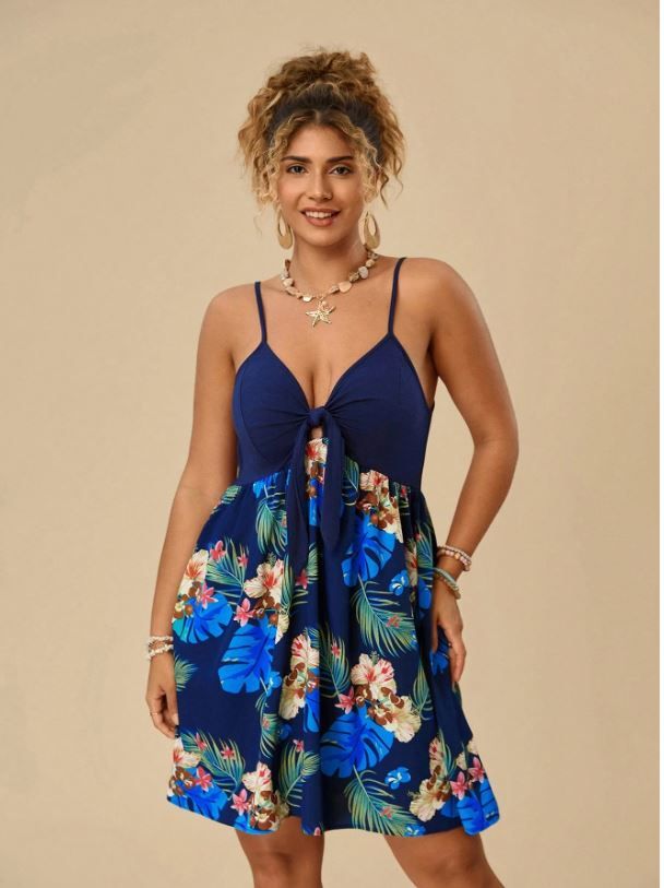 Travachic Plus Tropical Print Knot Front Waist Splice Strap Cami Dress