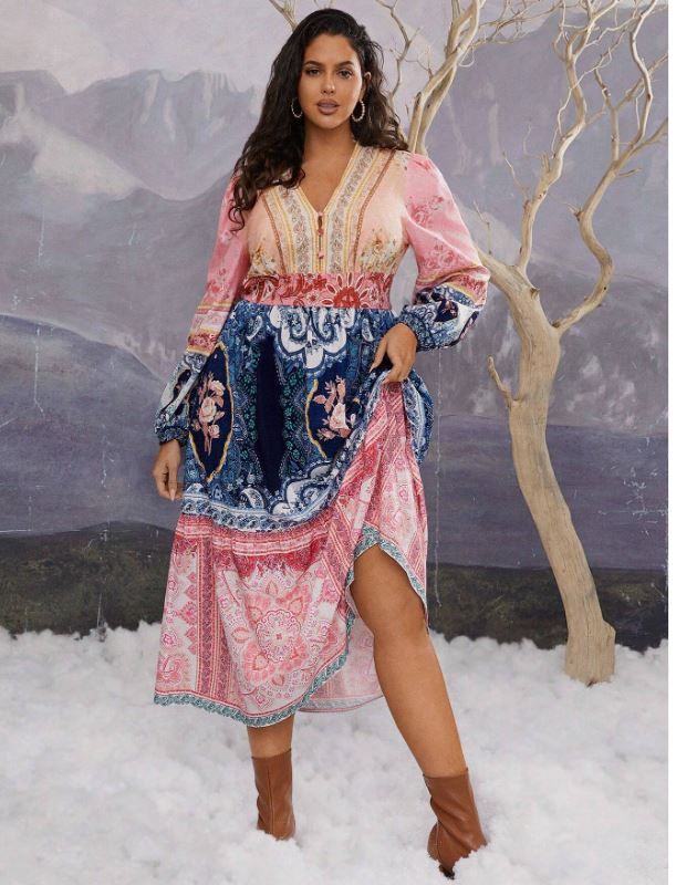 Travachic Plus Size Retro V-Neck Front Button Colorful Floral Print Lantern Sleeve Waisted A-Line Long Dress