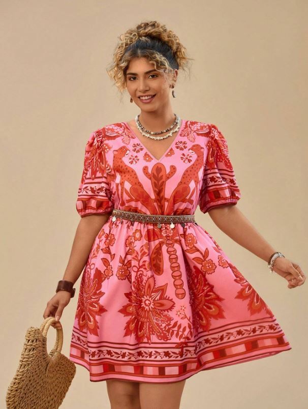Travachic Plus Size Tropical Print V-Neck Short Sleeve Dress