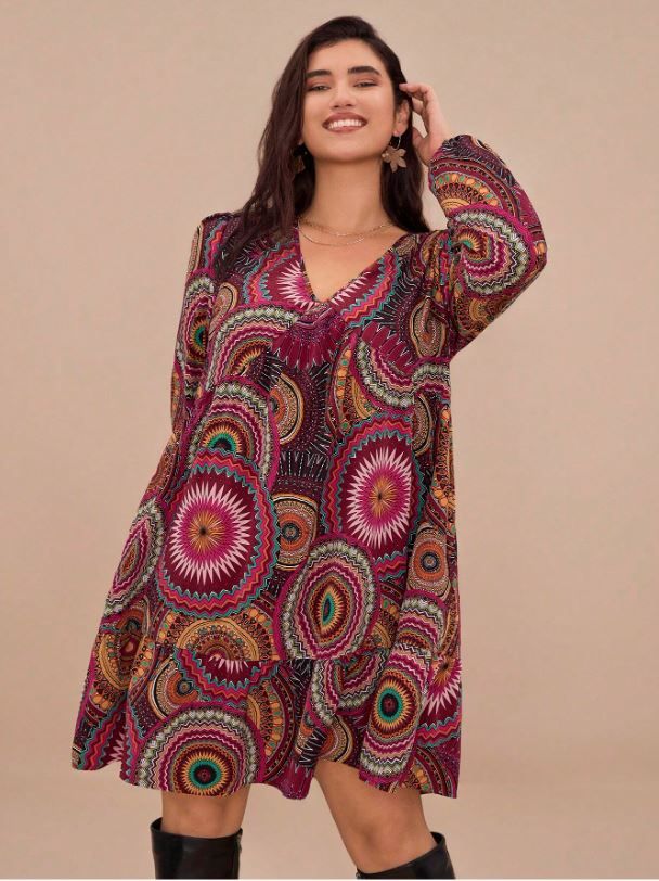 Travachic Plus Size Lantern Sleeve Printed Dress