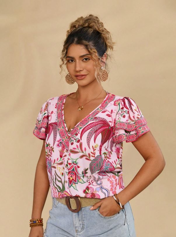 Travachic Plus Size Women V-Neck Loose Casual Short Sleeve Blouse