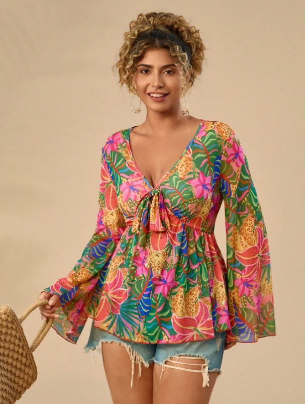 Travachic Plus Size Front Tie Long Sleeve Floral Allover Print Casual Shirt