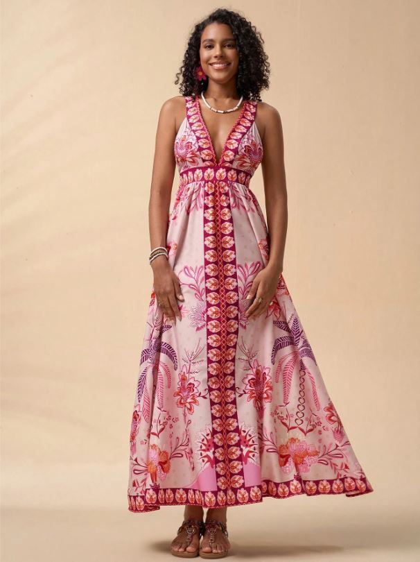 Travachic Deep V Neck Pink Floral Print Dress