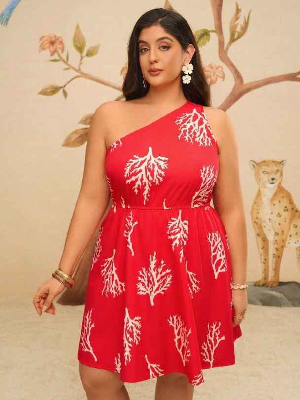 Travachic Plus Size Red Asymmetric Neck Mini Dress