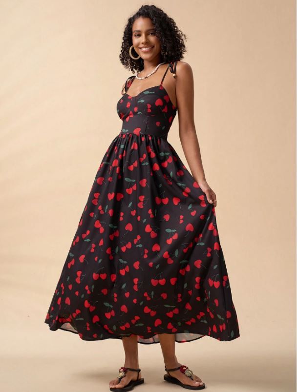 Travachic Woven Cherry Printed Sleeveless Long Dress
