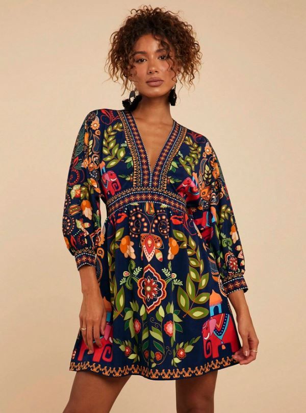 Travachic Floral Print V-Neck 3/4 Sleeve Mini Dress
