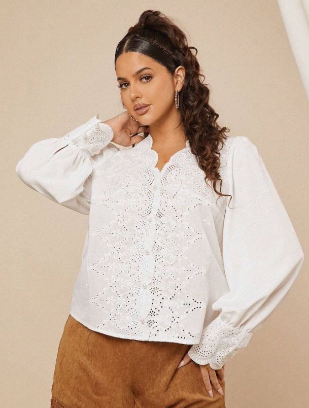 Travachic French Style Embroidered Lantern Sleeve Blouse