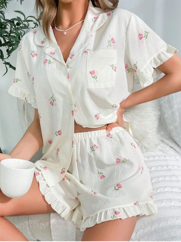 Floral Print Ruffle Trim PJ Set