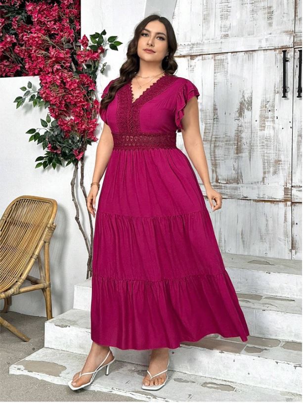 Privé Lace Patchwork V-Neck Loose A-Line Dress