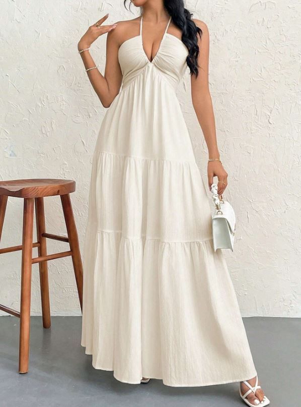 Firerie Halter V-Neck Pleated Backless A-Line Dress