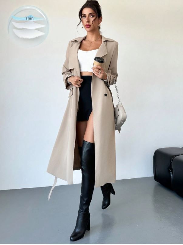 Firerie Elegant Waist Cinched A-Line Long Sleeve Trench Coat