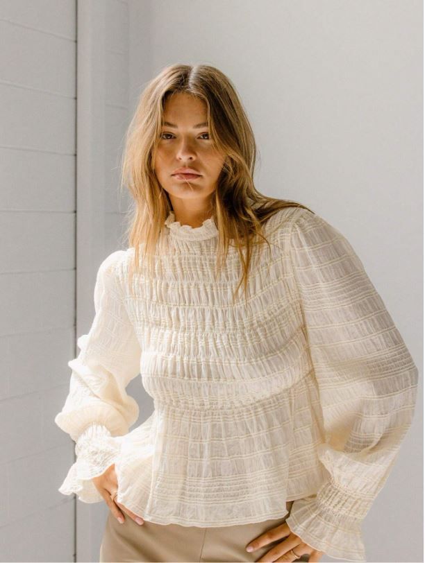 Aralina Boho Chic Shirred Long Sleeve Dobby Blouse