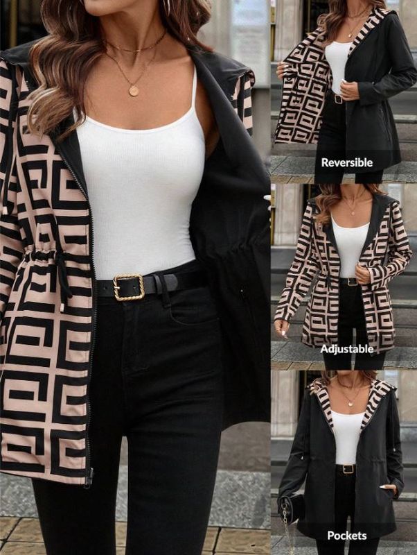 Clasi Plus Size Geometric Print Reversible Long Sleeve Hooded Jacket