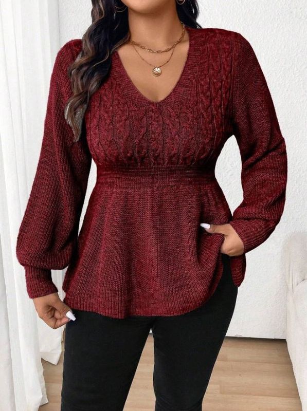 LUNE Plus Size V-Neck Cinched Waist Sweater