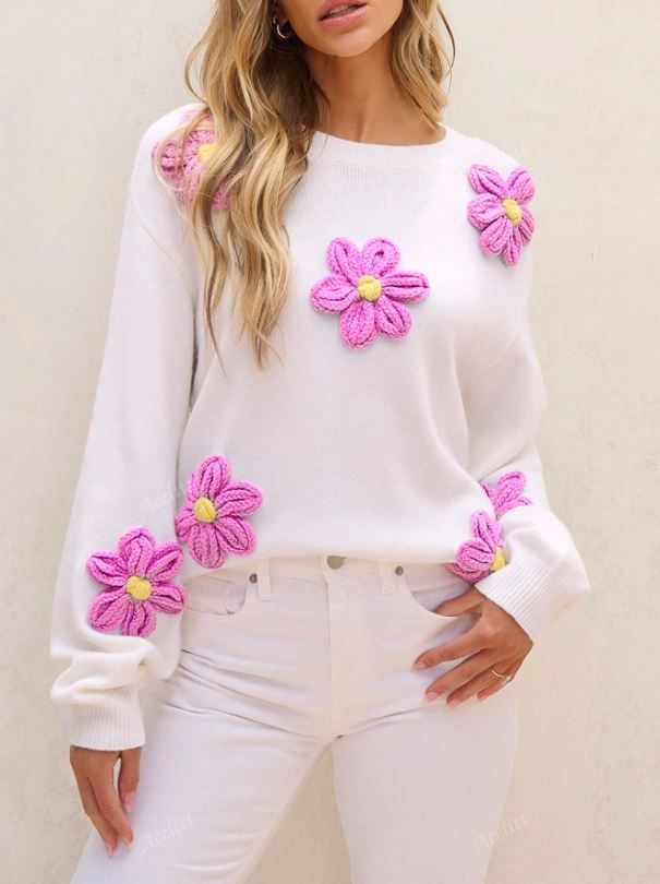 Acelitt Flower Decoration Long Sleeved Round Neck Sweater