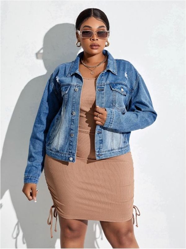 CURVE+ Non-Stretch Blue Ripped Denim Jacket