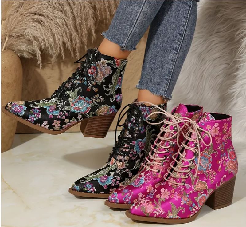 Floral Rivet Lace-Up Ankle Boots