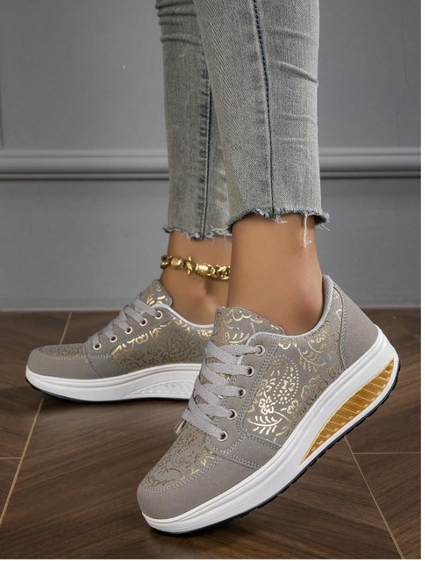 Golden Pattern Lace-up Non-slip Wedge Platform Sneakers