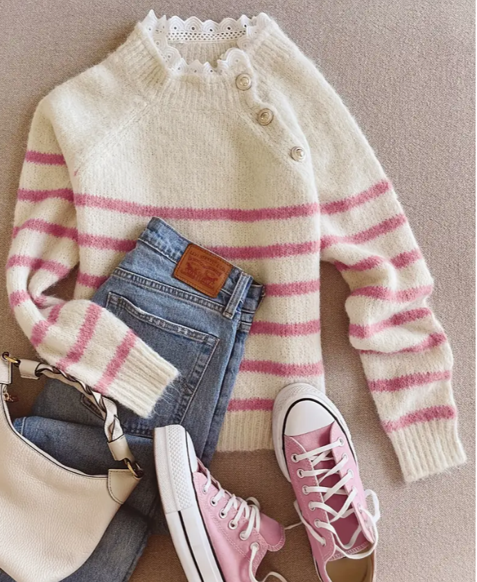 Chic Beige &amp; Pink Striped Lace-Trimmed Pullover Sweater