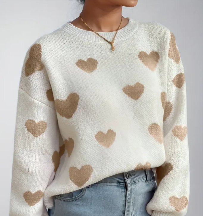Long-Sleeve Pullover Sweater with a Heart Pattern And Drop Shoulder Sleeves