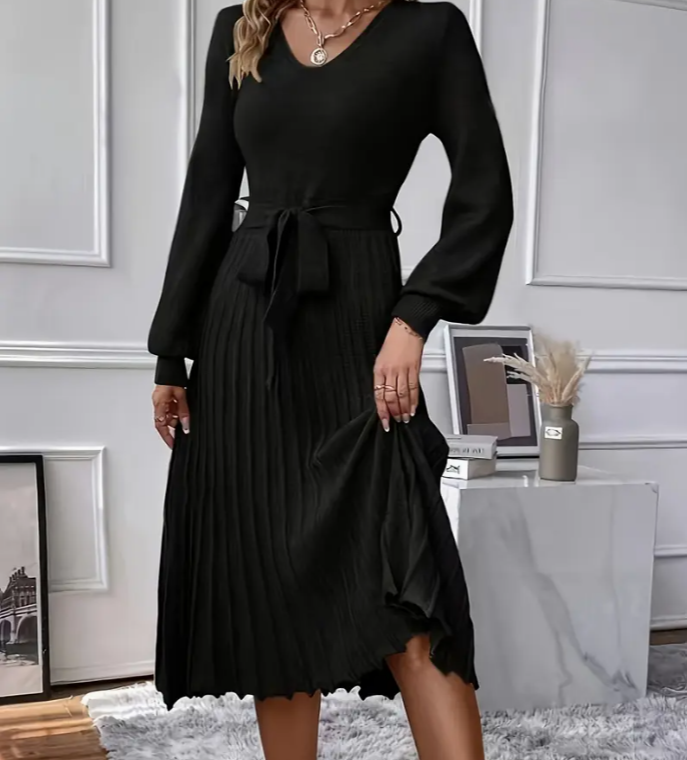 Pleated A-line Knit Dress