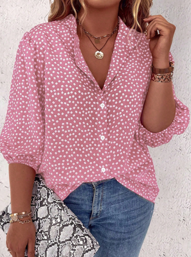 Plus Size Front Button Allover Print Blouse