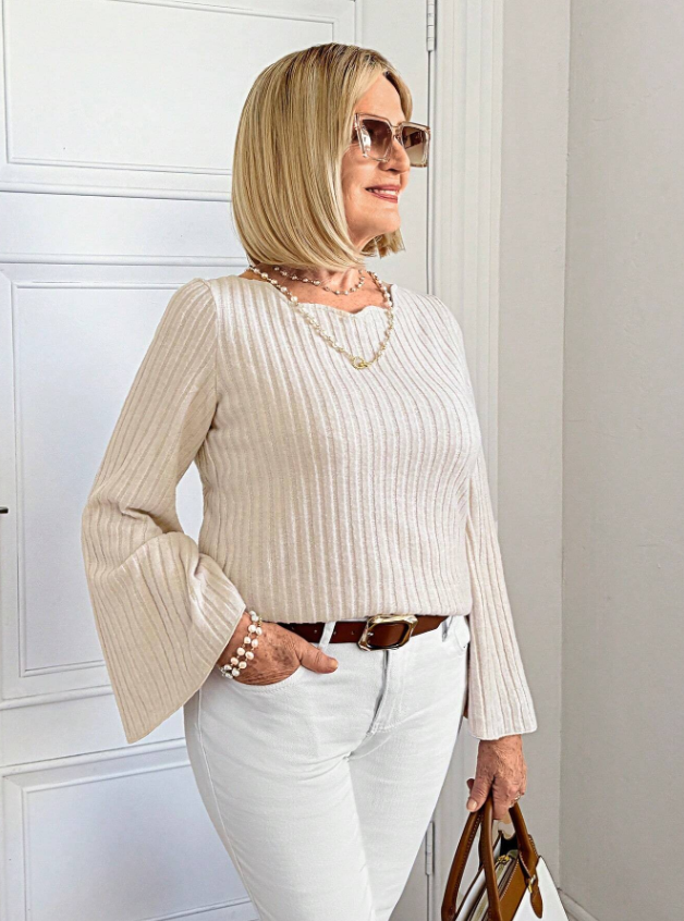 MIASPIRE Rib Funnel Neck Flare Sleeve Shirt