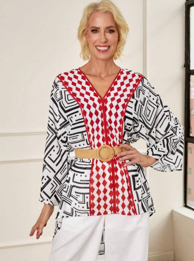MIASPIRE Geometric Print Batwing Sleeve Blouse