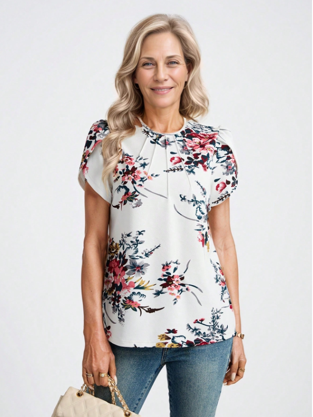 MIASPIRE Floral Print Short Sleeve Blouse