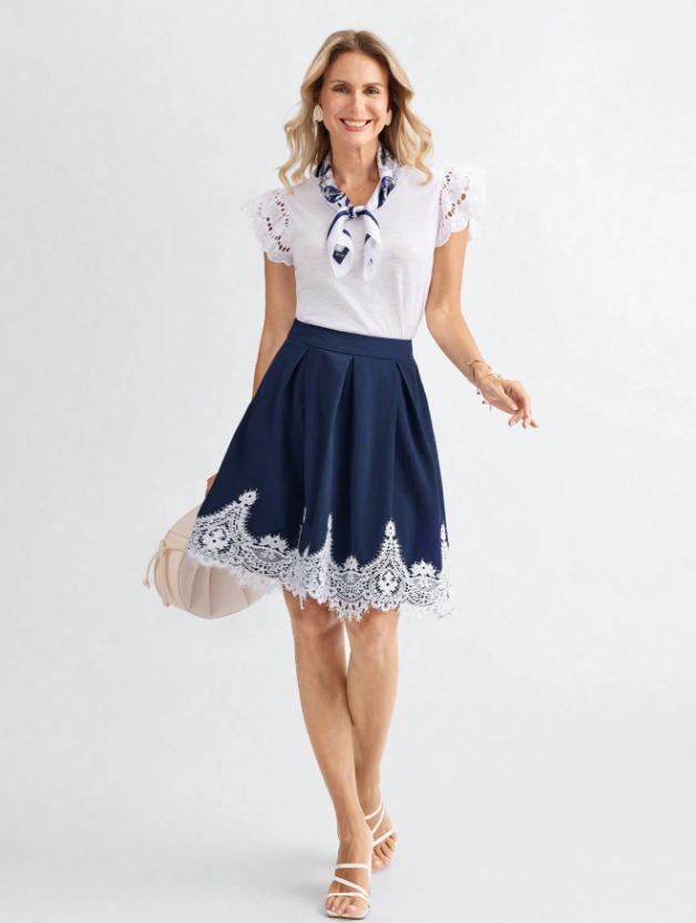 MIASPIRE Lace Patchwork Pleated Skirt
