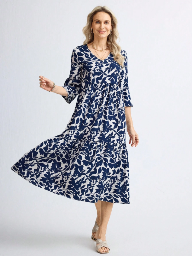 MIASPIRE V Neck Blue Pattern Midi Dress