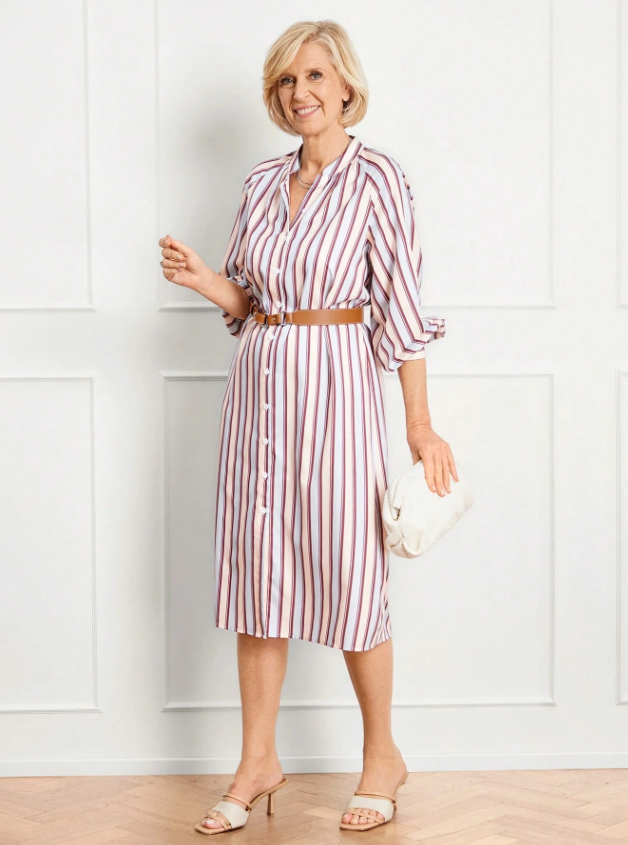 MIASPIRE Long Sleeve Striped Midi Dress