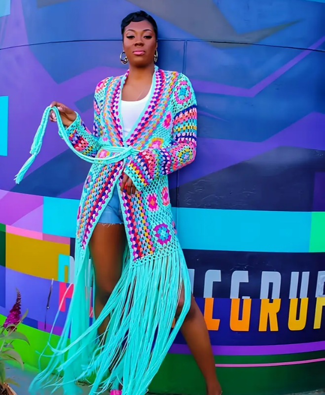 Boho Handmade Fringed Long Crochet Kimono