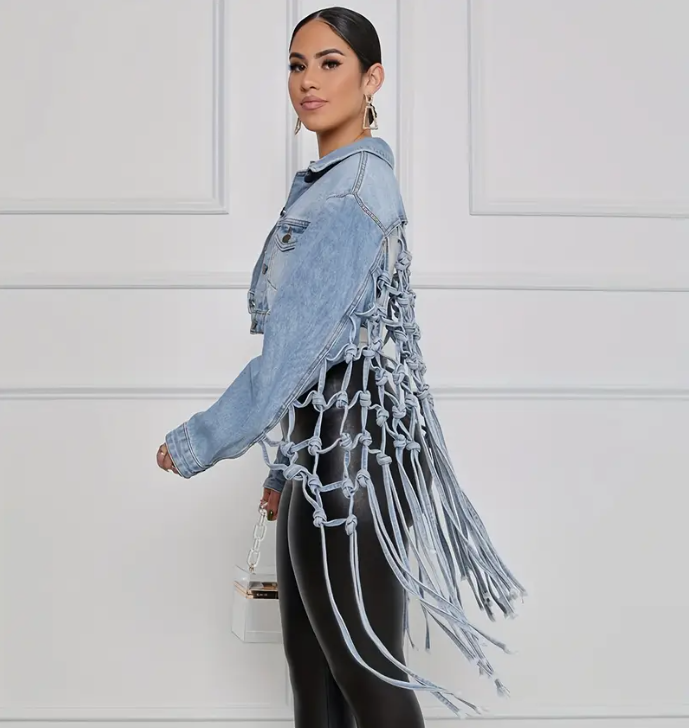 Mesh Tassel Hem Denim Jacket