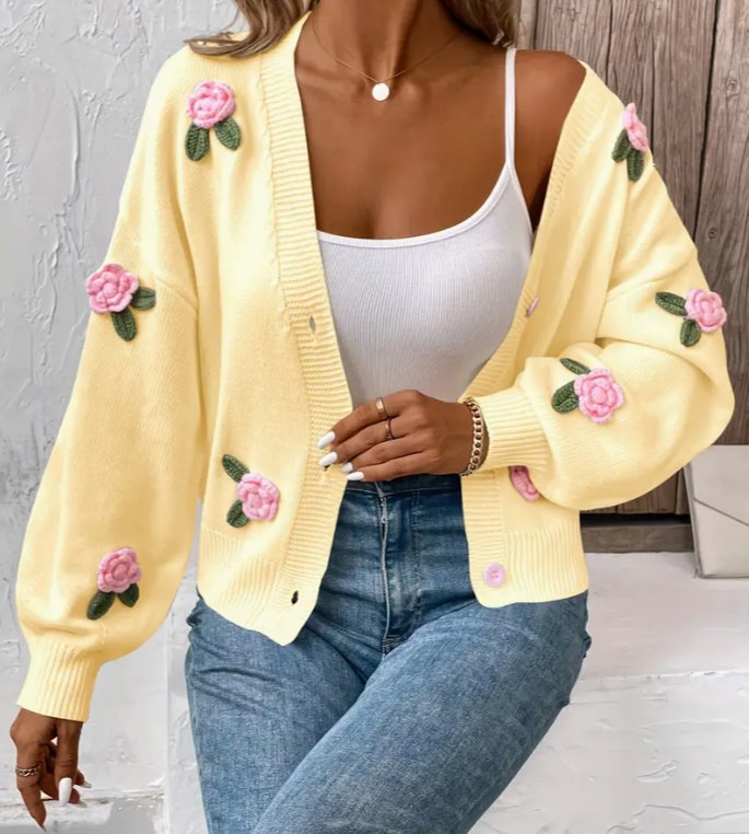 Floral Patch Drop Shoulder Knitted Cardigan