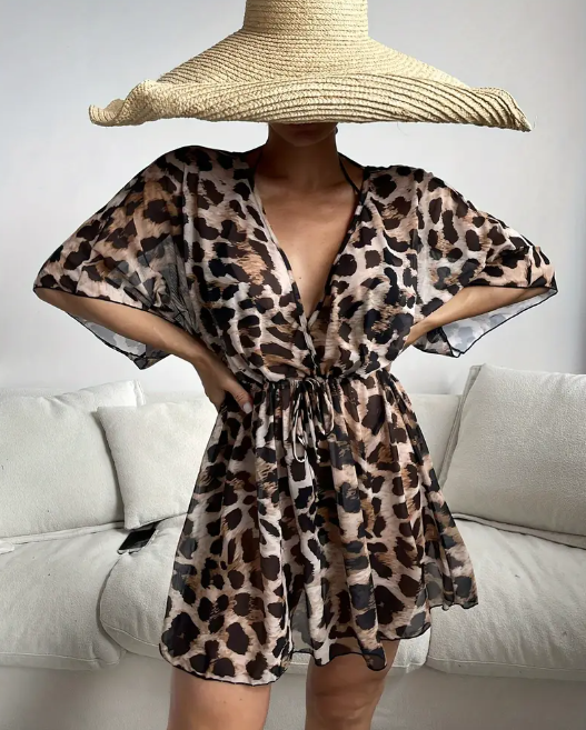 Leopard Print Sheer Beach Cover-Up