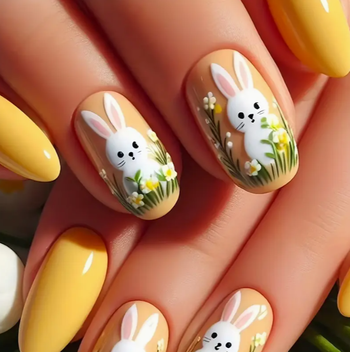 Yellow Bunny Easter False Nail Set