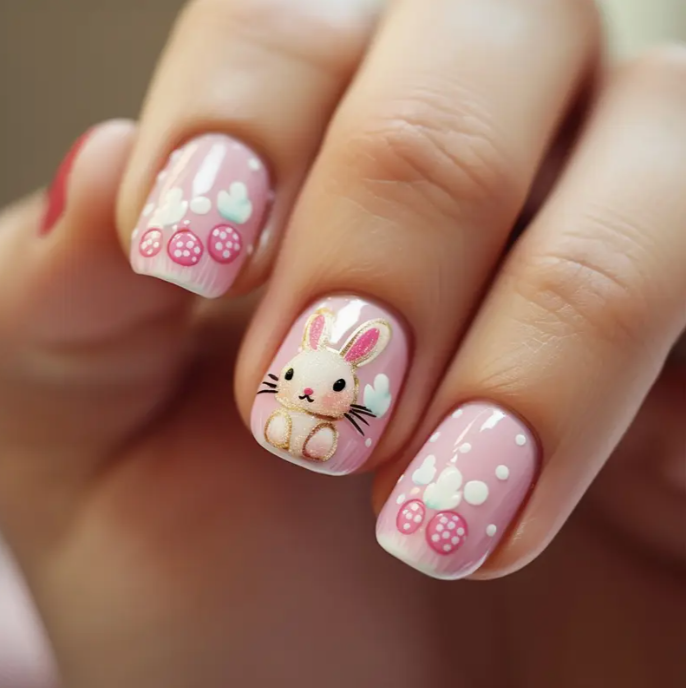 24pcs Press On Nails Set Easter Cute Bunny Egg Clouds Short Squares