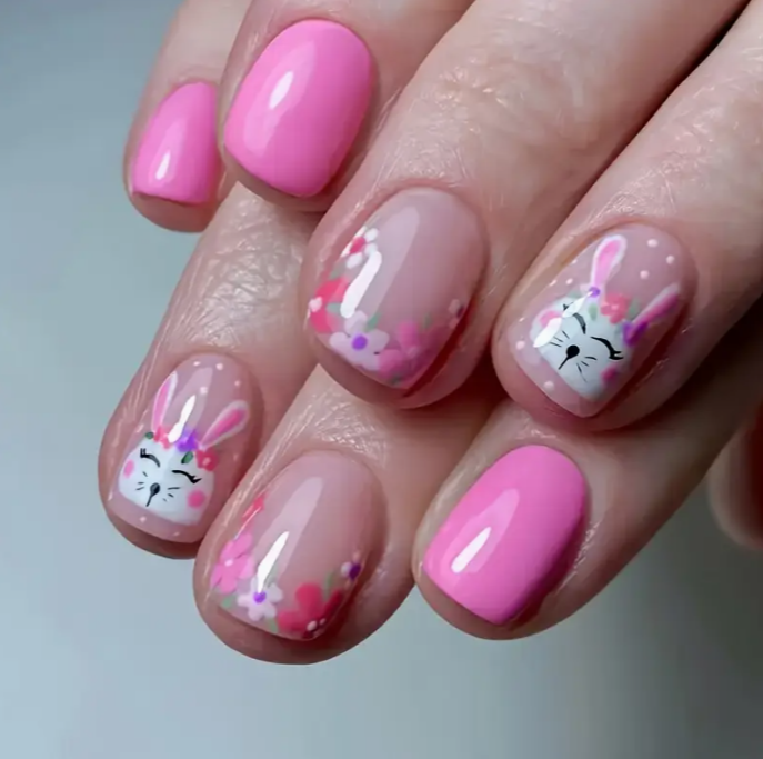 24pcs Pink Bunny &amp; Floral Press-On Nails Set