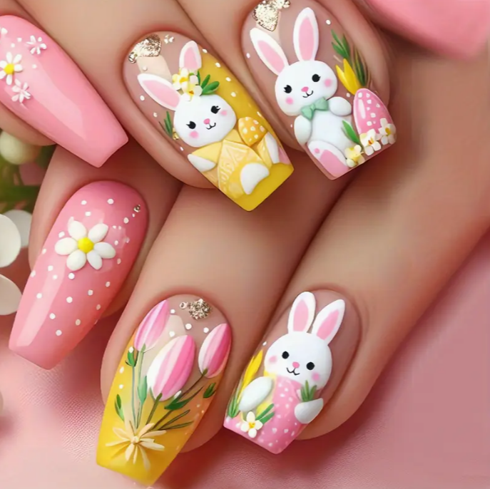Tulip Flower Bouquet Cartoon Rabbit Press-On Nails