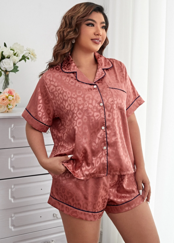 Plus Leopard Jacquard Contrast Piping Satin PJ Set