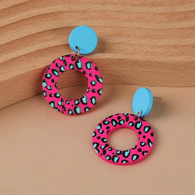 Pink and Blue Leopard Print Earrings