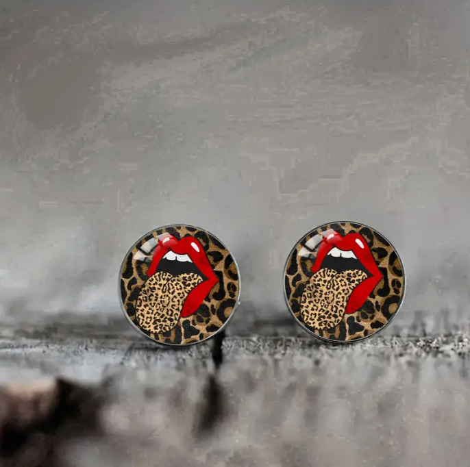 Leopard Print Red Lips Stud Earrings