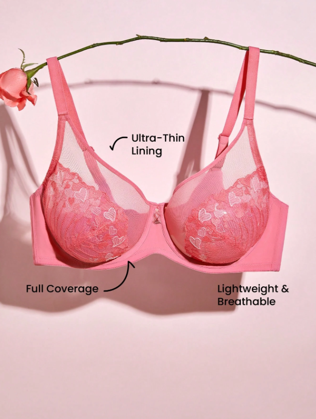 LUVLETTE Plus Full Coverage Underwire Sexy Unlined Heart Lace Minimizer Bra