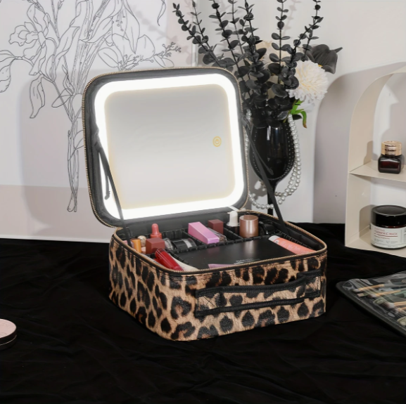 Leopard Print Makeup Bag with LED Mirror